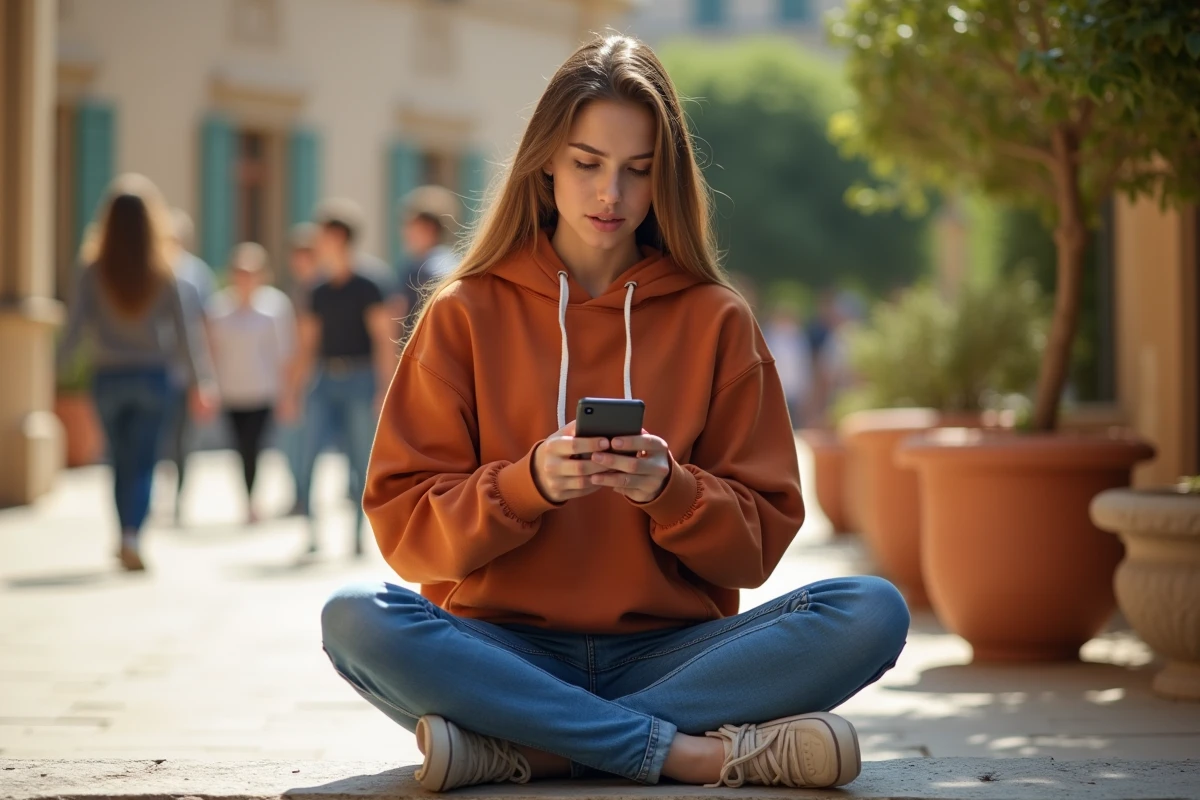 Étudiante configurant sa messagerie webmail sur mobile dans une cour d'université à Montpellier