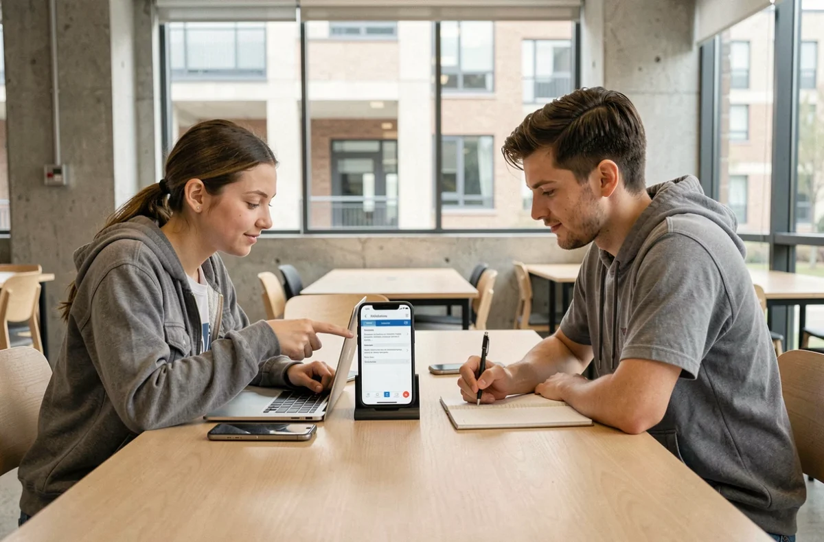 Deux étudiants consultant ensemble le tutoriel de messagerie Nice sur smartphone dans un espace commun universitaire