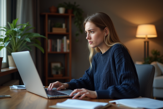 Jeune femme frustrée devant un écran 404 dans un bureau