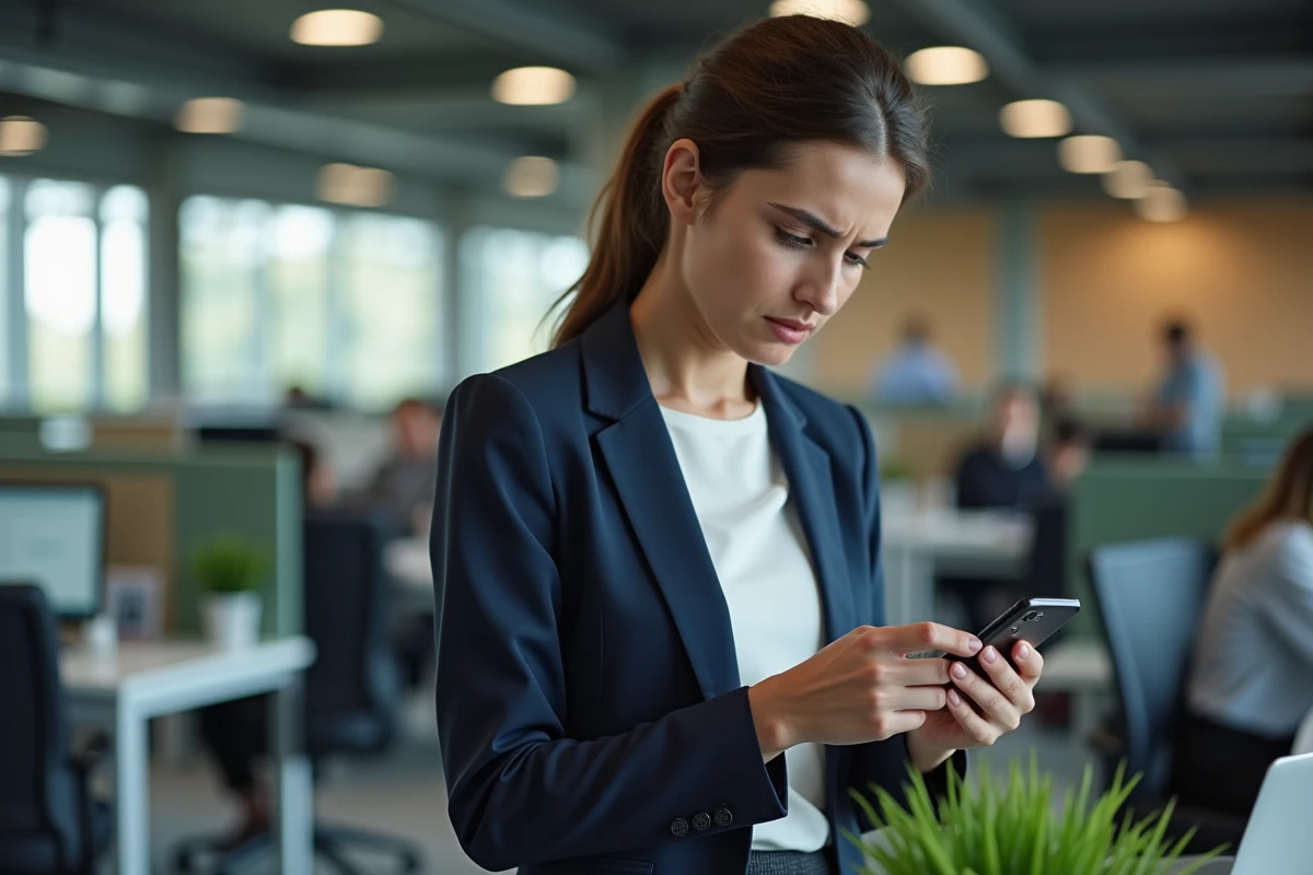 Femme professionnelle découvrant une alarme manquée sur iPhone dans un bureau open space
