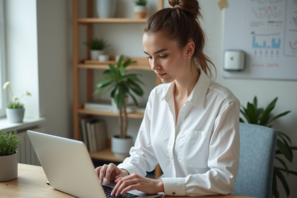Jeune femme analysant le SEO sur un ordinateur portable