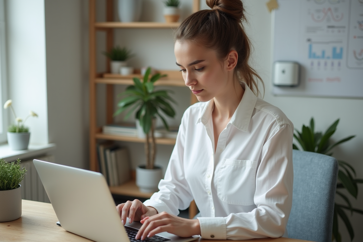 Jeune femme analysant le SEO sur un ordinateur portable