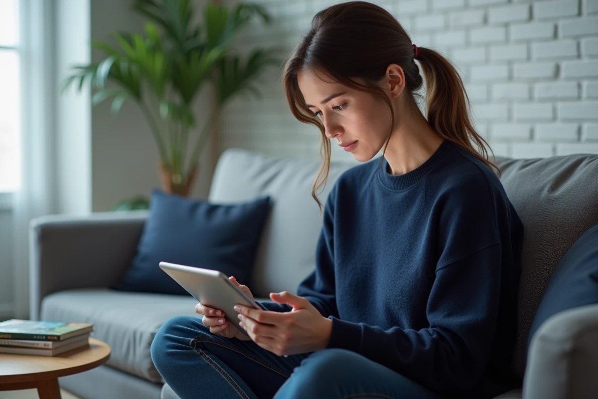 Femme analysant un site de scantrad sur une tablette avec une expression critique et concentrée