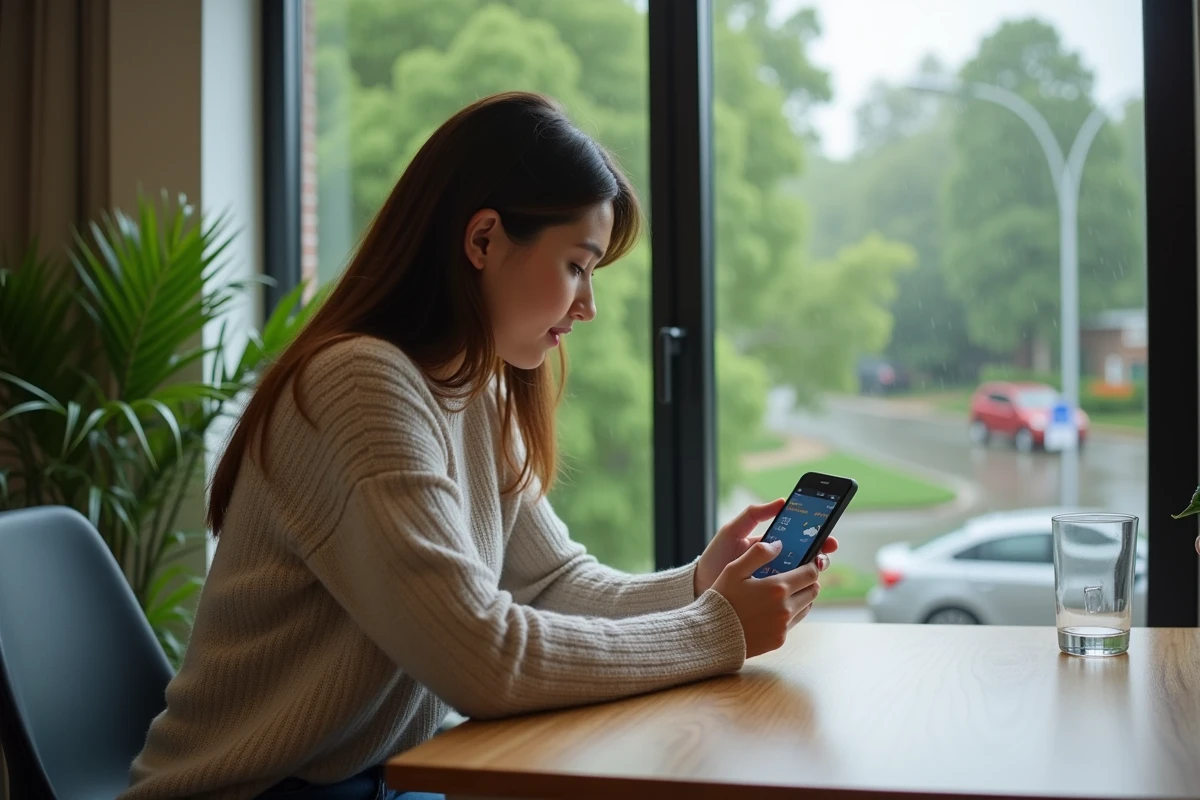Femme concentrée utilisant une application météo sur son smartphone