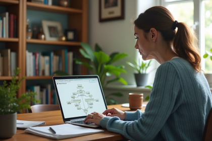 Femme moyenne âge examine arbre généalogique sur ordinateur