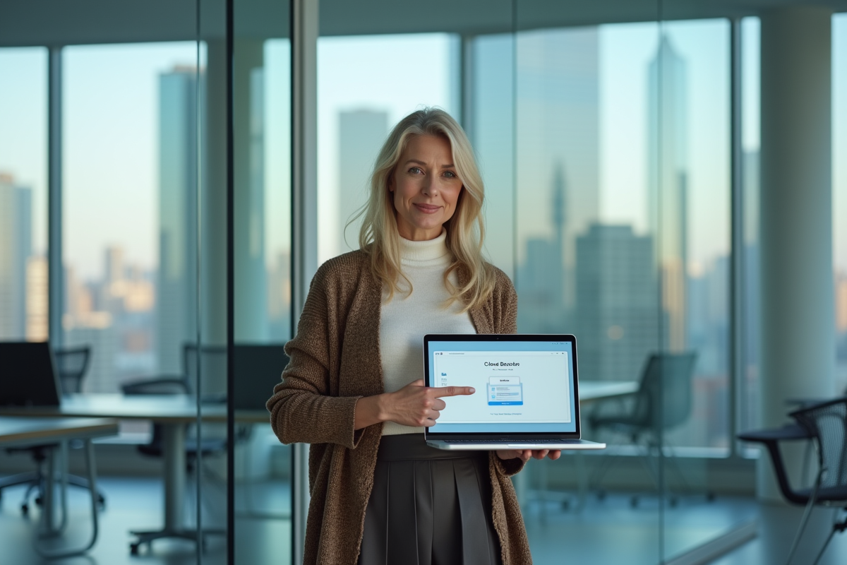 Femme confiante pointant son ordinateur avec notification cloud