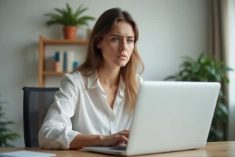 Femme au bureau essayant de se connecter en ligne