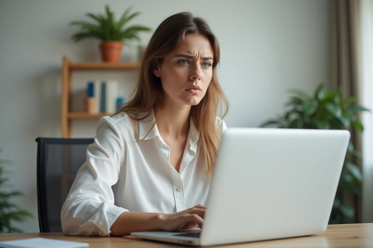 Femme au bureau essayant de se connecter en ligne