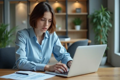 Femme au bureau examinant un tableau Excel sur son ordinateur