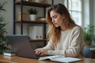 Jeune femme concentrée travaillant sur son ordinateur dans un bureau à domicile