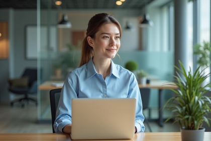 Jeune femme professionnelle au bureau utilisant un ordinateur portable