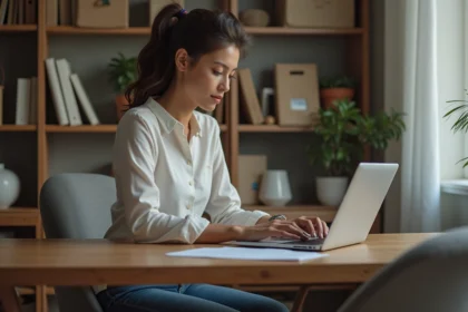 Femme en bureau à domicile travaillant sur son ordinateur