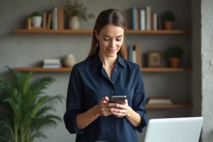 Femme d age mûr vérifiant ses emails sur smartphone dans un bureau moderne