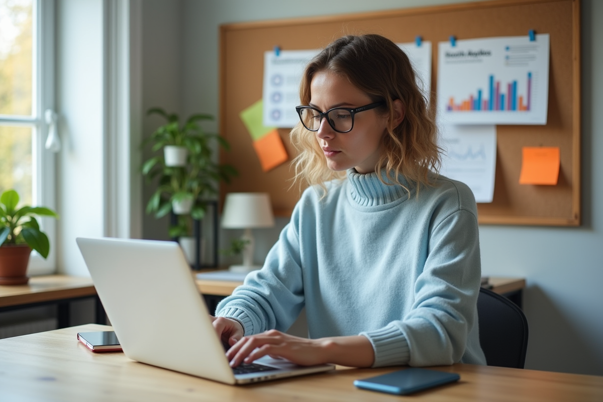 Femme en bureau moderne travaillant sur son ordinateur
