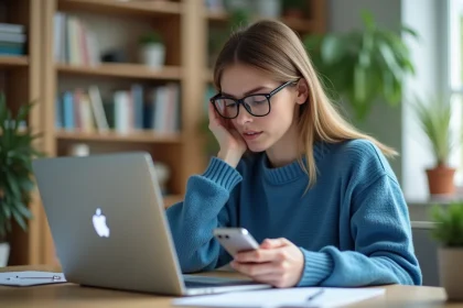Jeune femme concentrée avec smartphone et ordinateur