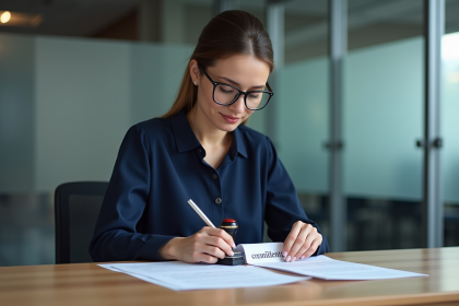 Jeune femme au bureau apposant un stamp confidentiel