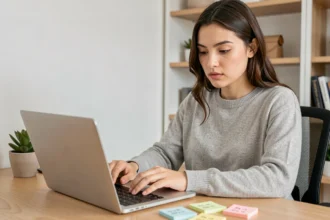 Jeune femme comptant les caractères de ses publications sur les réseaux sociaux depuis son bureau à domicile