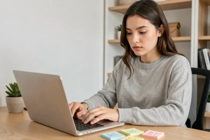 Jeune femme comptant les caractères de ses publications sur les réseaux sociaux depuis son bureau à domicile