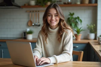 Jeune femme détendue utilisant son ordinateur dans une cuisine moderne