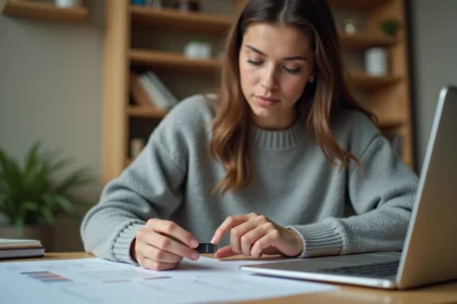 Femme examinant une clé USB en comparant les spécifications de stockage sur une feuille imprimée