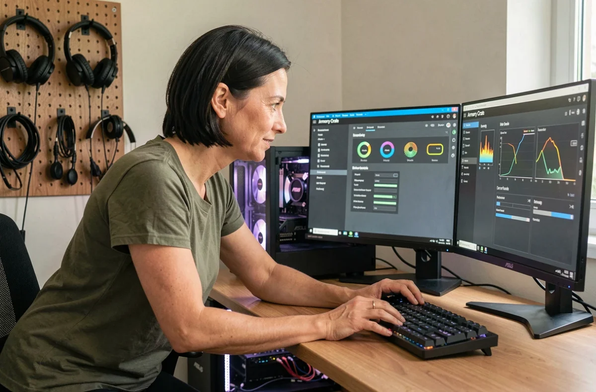Femme configurant les profils de ventilation silencieux dans Armory Crate ASUS sur un PC de bureau