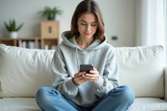 Jeune femme consultant ses Stories Instagram sur smartphone dans un salon minimaliste scandinave