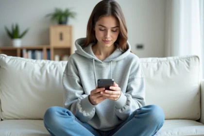 Jeune femme consultant ses Stories Instagram sur smartphone dans un salon minimaliste scandinave