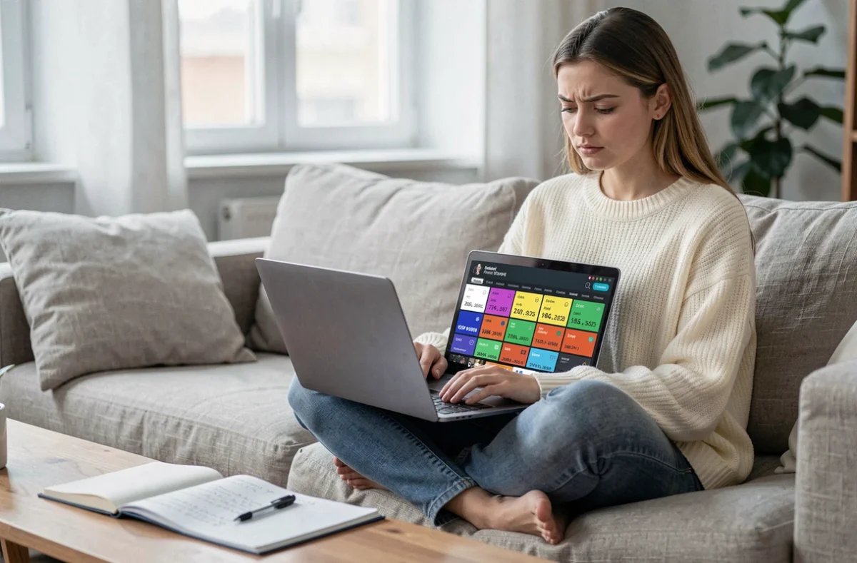 Jeune femme consultant son historique d'achats Valorant sur un ordinateur portable depuis son canapé