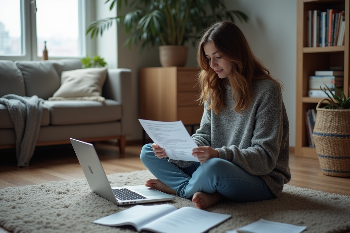 Femme assise sur le sol vérifiant des logs de débogage dans un bureau cosy