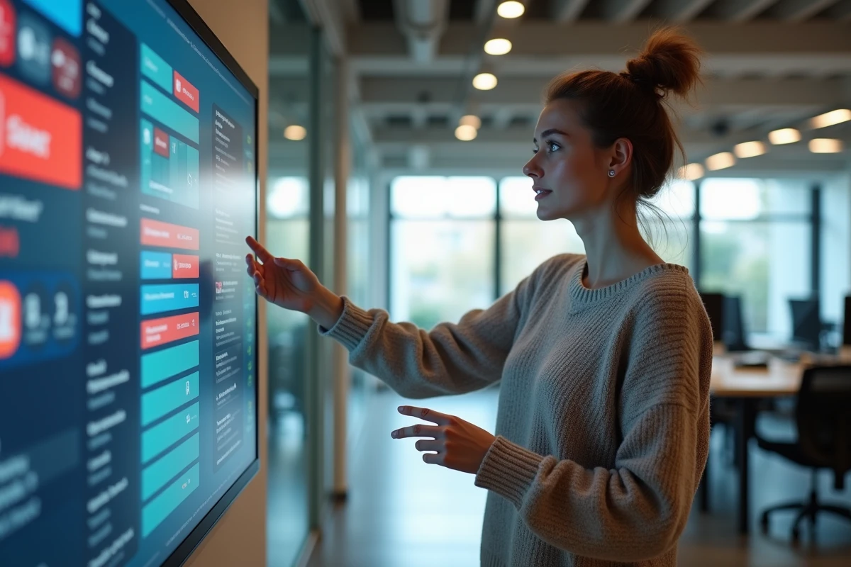 Jeune femme dans un bureau affichant un tableau de bord numérique