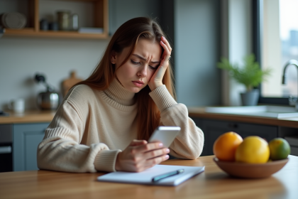 Femme inquiète dans sa cuisine regardant son smartphone