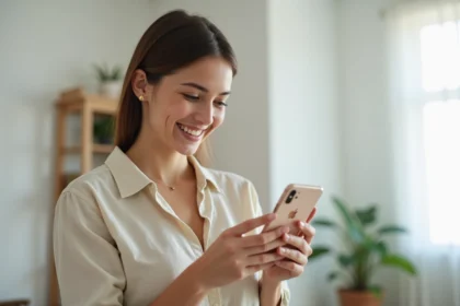 Femme tenant un iPhone 16e en main avec un sourire naturel dans un appartement moderne, idéal pour illustrer les offres pas chères sur ce smartphone en 2026