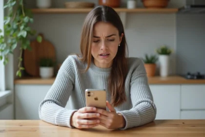 Femme tenant un iPhone affichant une notification de stockage iCloud plein dans une cuisine moderne