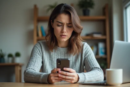 Femme inquiète consultant son iPhone pour récupérer des photos supprimées définitivement