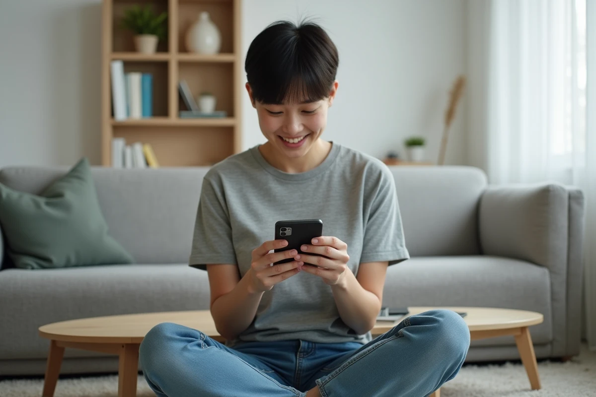 Femme jouant à un jeu mobile sur Google Pixel 8 Pro dans un salon moderne et minimaliste