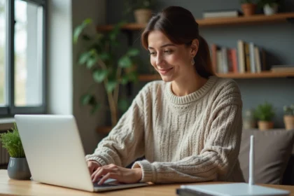 Femme souriante travaillant sur un ordinateur portable dans un salon moderne