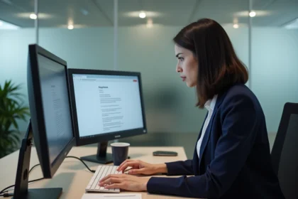 Femme professionnelle consultant sa messagerie webmail sur un ordinateur de bureau dans un open space moderne