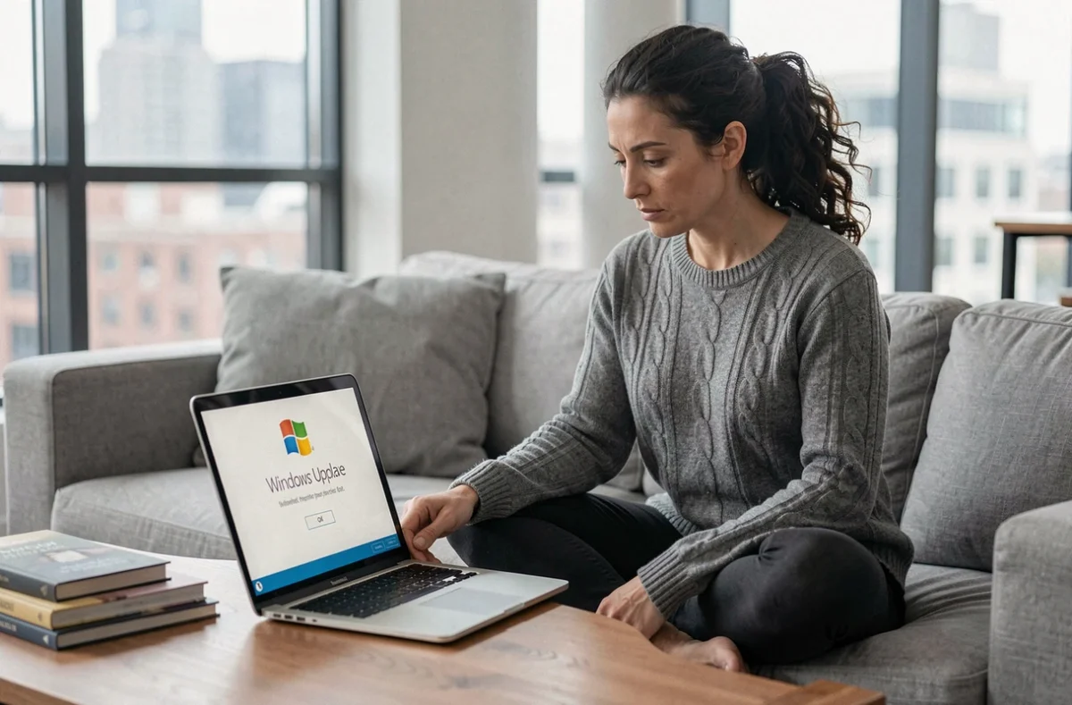 Femme hésitante face à une notification de mise à jour Windows sur un ancien ordinateur portable