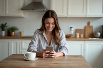 Jeune femme utilisant son smartphone dans une cuisine moderne