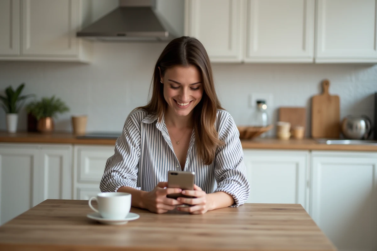 Jeune femme utilisant son smartphone dans une cuisine moderne