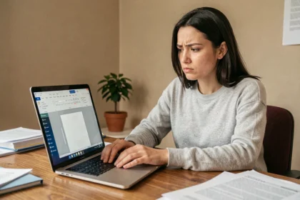 Femme frustrée devant un ordinateur portable affichant une page blanche dans Microsoft Word