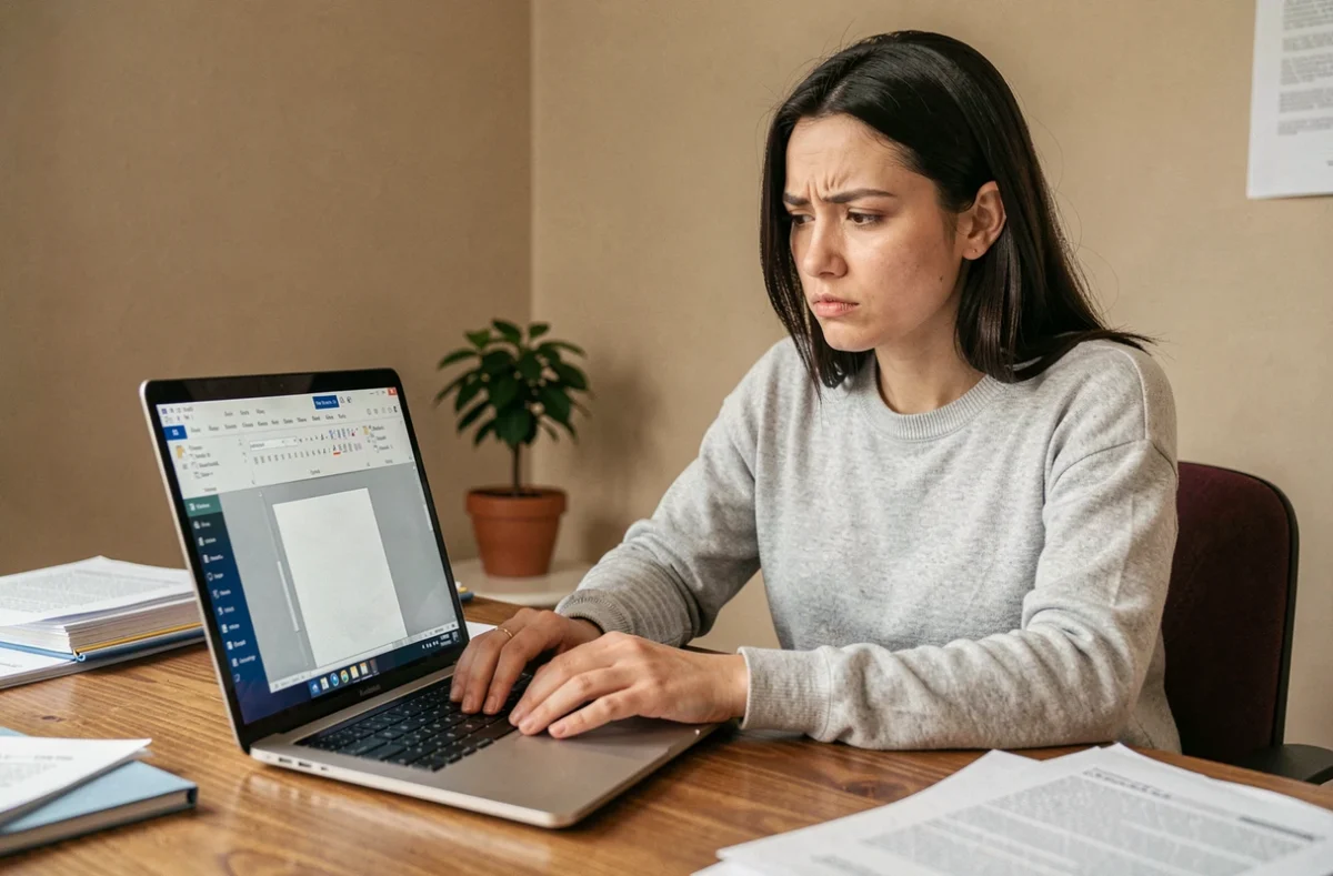 Femme frustrée devant un ordinateur portable affichant une page blanche dans Microsoft Word