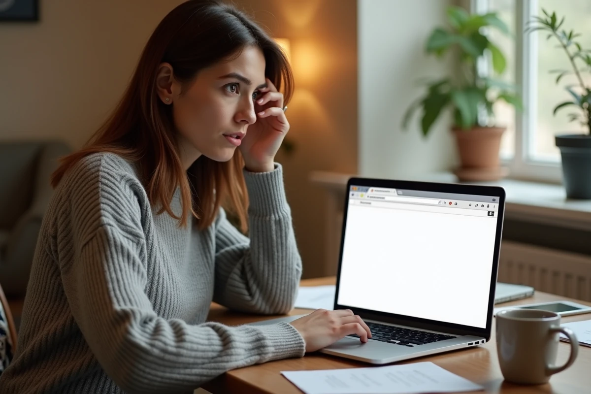 Femme perplexe devant un écran d'ordinateur affichant une page about:blank dans un bureau à domicile