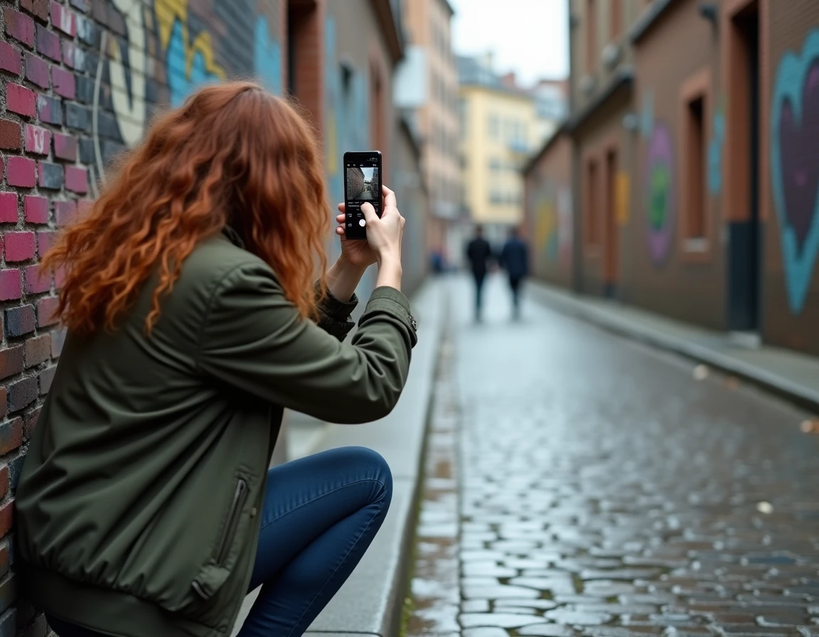 Femme photographiant des graffitis urbains avec un smartphone dans une ruelle aux pavés mouillés