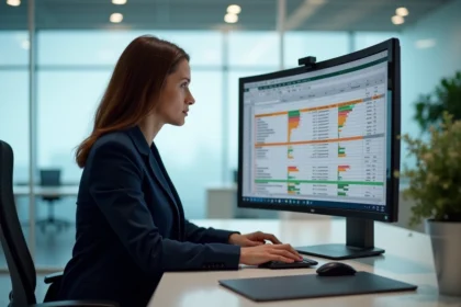 Femme professionnelle utilisant Excel sur grand écran pour automatiser le calcul de moyennes sur de gros tableaux de données