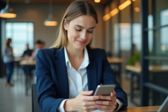 Femme professionnelle utilisant un presse-papier Android au bureau pour organiser ses messages et emails