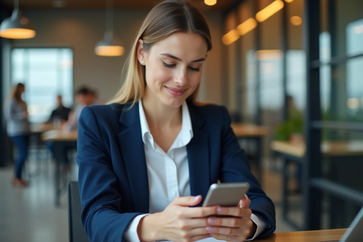 Femme professionnelle utilisant un presse-papier Android au bureau pour organiser ses messages et emails