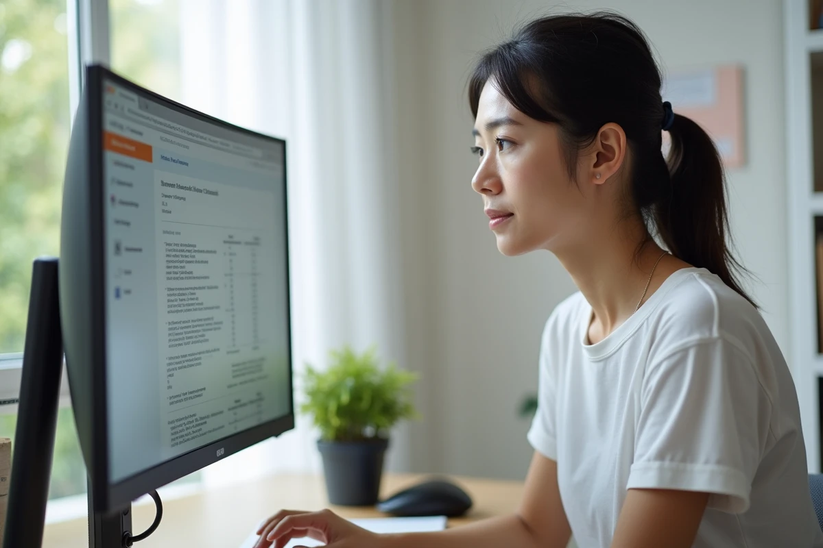 Femme lisant des descriptions de serveurs FiveM freeroam sur un site communautaire depuis un bureau minimaliste