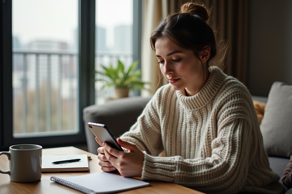 Jeune femme pensant avec son smartphone dans un salon