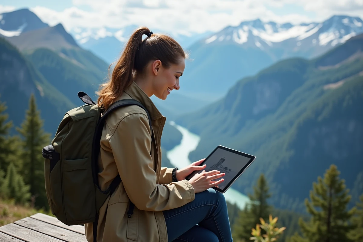 Femme souriante regardant vidéo sur tablette en montagne